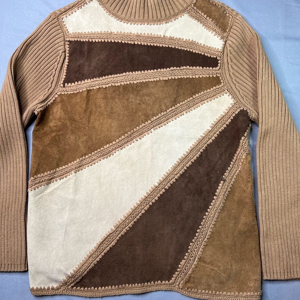Lisa International Suede Patchwork Womens Sweater S Earth Tones Knit
